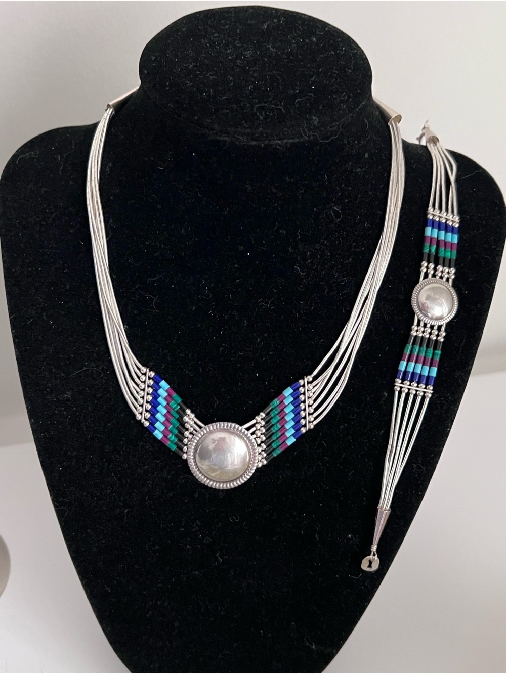 925 Sterling Navajo Multi-Strand Beaded Liquid Silver Necklace Bracelet Set